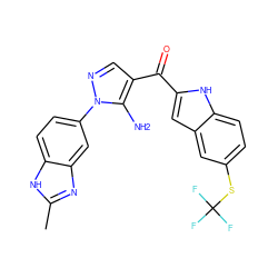 Cc1nc2cc(-n3ncc(C(=O)c4cc5cc(SC(F)(F)F)ccc5[nH]4)c3N)ccc2[nH]1 ZINC000149914022