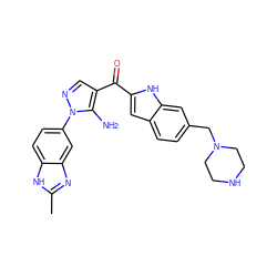 Cc1nc2cc(-n3ncc(C(=O)c4cc5ccc(CN6CCNCC6)cc5[nH]4)c3N)ccc2[nH]1 ZINC000149925095