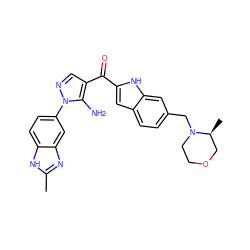 Cc1nc2cc(-n3ncc(C(=O)c4cc5ccc(CN6CCOC[C@@H]6C)cc5[nH]4)c3N)ccc2[nH]1 ZINC000150104143