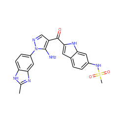 Cc1nc2cc(-n3ncc(C(=O)c4cc5ccc(NS(C)(=O)=O)cc5[nH]4)c3N)ccc2[nH]1 ZINC000149889413