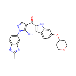 Cc1nc2cc(-n3ncc(C(=O)c4cc5ccc(OC6CCOCC6)cc5[nH]4)c3N)ccc2[nH]1 ZINC000150083124