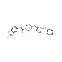 Cc1nc2cc(NC(=O)N3CCN(Cc4cccc(Oc5ccc(Cl)cc5)c4)CC3)ccc2o1 ZINC000095562485