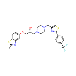 Cc1nc2cc(OC[C@H](O)CN3CCN(Cc4csc(-c5ccc(C(F)(F)F)cc5)n4)CC3)ccc2s1 ZINC000028384238