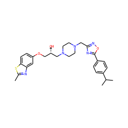 Cc1nc2cc(OC[C@H](O)CN3CCN(Cc4noc(-c5ccc(C(C)C)cc5)n4)CC3)ccc2s1 ZINC000028392773