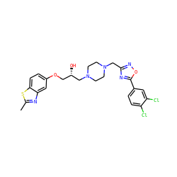 Cc1nc2cc(OC[C@H](O)CN3CCN(Cc4noc(-c5ccc(Cl)c(Cl)c5)n4)CC3)ccc2s1 ZINC000028394629