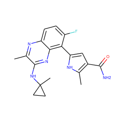 Cc1nc2ccc(F)c(-c3cc(C(N)=O)c(C)[nH]3)c2nc1NC1(C)CC1 ZINC000222342222