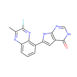 Cc1nc2cccc(-c3cc4c(=O)[nH]cnc4[nH]3)c2nc1F ZINC000222236073