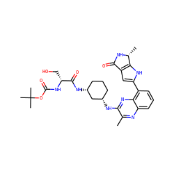 Cc1nc2cccc(-c3cc4c([nH]3)[C@@H](C)NC4=O)c2nc1N[C@H]1CCC[C@@H](NC(=O)[C@@H](CO)NC(=O)OC(C)(C)C)C1 ZINC000223431921