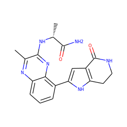 Cc1nc2cccc(-c3cc4c([nH]3)CCNC4=O)c2nc1N[C@H](C)C(N)=O ZINC000222388642