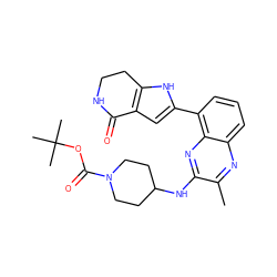 Cc1nc2cccc(-c3cc4c([nH]3)CCNC4=O)c2nc1NC1CCN(C(=O)OC(C)(C)C)CC1 ZINC000223408340