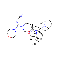 Cc1nc2ccccc2n1[C@@H]1C[C@@H]2CC[C@H](C1)N2CCC1(c2ccccc2)CCN(/C(=N\C#N)N2CCOCC2)CC1 ZINC000101193575