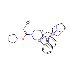 Cc1nc2ccccc2n1[C@@H]1C[C@@H]2CC[C@H](C1)N2CCC1(c2ccccc2)CCN(/C(=N\C#N)OC2CCCC2)CC1 ZINC000101193545