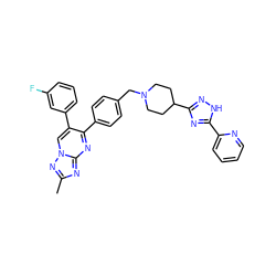 Cc1nc2nc(-c3ccc(CN4CCC(c5n[nH]c(-c6ccccn6)n5)CC4)cc3)c(-c3cccc(F)c3)cn2n1 ZINC000261169847