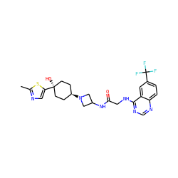 Cc1ncc([C@]2(O)CC[C@H](N3CC(NC(=O)CNc4ncnc5ccc(C(F)(F)F)cc45)C3)CC2)s1 ZINC000101657549