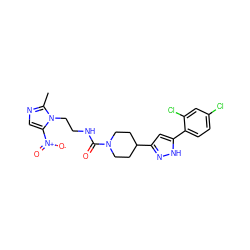 Cc1ncc([N+](=O)[O-])n1CCNC(=O)N1CCC(c2cc(-c3ccc(Cl)cc3Cl)[nH]n2)CC1 ZINC000013864319