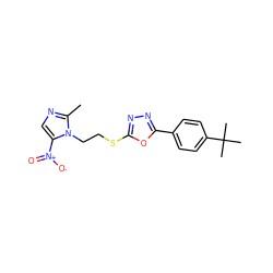 Cc1ncc([N+](=O)[O-])n1CCSc1nnc(-c2ccc(C(C)(C)C)cc2)o1 ZINC000095602991