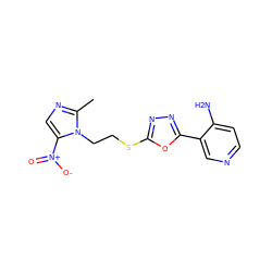 Cc1ncc([N+](=O)[O-])n1CCSc1nnc(-c2cnccc2N)o1 ZINC000095603556