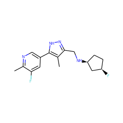 Cc1ncc(-c2[nH]nc(CN[C@H]3CC[C@@H](F)C3)c2C)cc1F ZINC000043022723