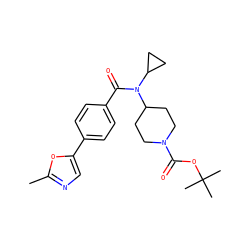 Cc1ncc(-c2ccc(C(=O)N(C3CC3)C3CCN(C(=O)OC(C)(C)C)CC3)cc2)o1 ZINC000223641372