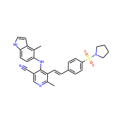 Cc1ncc(C#N)c(Nc2ccc3[nH]ccc3c2C)c1/C=C/c1ccc(S(=O)(=O)N2CCCC2)cc1 ZINC000049021130