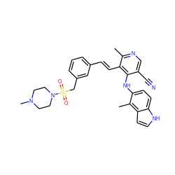 Cc1ncc(C#N)c(Nc2ccc3[nH]ccc3c2C)c1/C=C/c1cccc(CS(=O)(=O)N2CCN(C)CC2)c1 ZINC000049774650