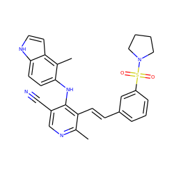 Cc1ncc(C#N)c(Nc2ccc3[nH]ccc3c2C)c1/C=C/c1cccc(S(=O)(=O)N2CCCC2)c1 ZINC000049034360