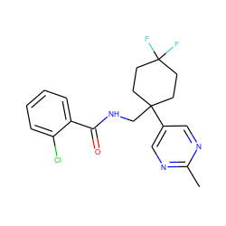 Cc1ncc(C2(CNC(=O)c3ccccc3Cl)CCC(F)(F)CC2)cn1 ZINC000217366941