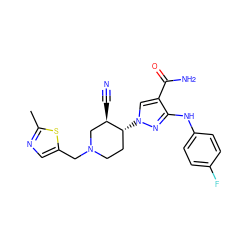 Cc1ncc(CN2CC[C@@H](n3cc(C(N)=O)c(Nc4ccc(F)cc4)n3)[C@H](C#N)C2)s1 ZINC000204993808