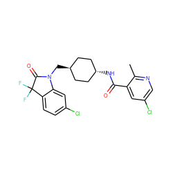 Cc1ncc(Cl)cc1C(=O)N[C@H]1CC[C@H](CN2C(=O)C(F)(F)c3ccc(Cl)cc32)CC1 ZINC000653680449