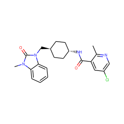 Cc1ncc(Cl)cc1C(=O)N[C@H]1CC[C@H](Cn2c(=O)n(C)c3ccccc32)CC1 ZINC000653666586