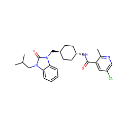 Cc1ncc(Cl)cc1C(=O)N[C@H]1CC[C@H](Cn2c(=O)n(CC(C)C)c3ccccc32)CC1 ZINC000653678259