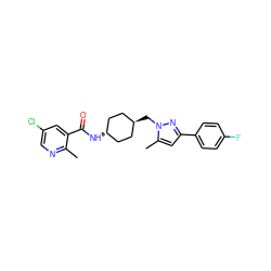 Cc1ncc(Cl)cc1C(=O)N[C@H]1CC[C@H](Cn2nc(-c3ccc(F)cc3)cc2C)CC1 ZINC000118728451