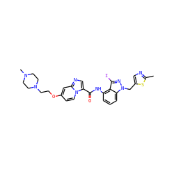 Cc1ncc(Cn2nc(I)c3c(NC(=O)c4cnc5cc(OCCN6CCN(C)CC6)ccn45)cccc32)s1 ZINC000165063321