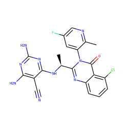 Cc1ncc(F)cc1-n1c([C@H](C)Nc2nc(N)nc(N)c2C#N)nc2cccc(Cl)c2c1=O ZINC000220855780