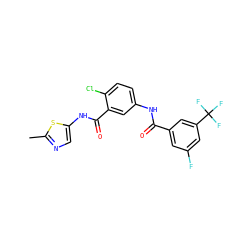Cc1ncc(NC(=O)c2cc(NC(=O)c3cc(F)cc(C(F)(F)F)c3)ccc2Cl)s1 ZINC000040864783