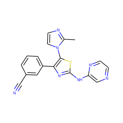 Cc1nccn1-c1sc(Nc2cnccn2)nc1-c1cccc(C#N)c1 ZINC000000603747