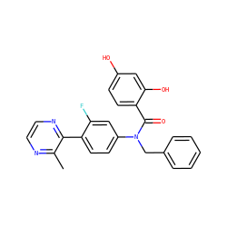 Cc1nccnc1-c1ccc(N(Cc2ccccc2)C(=O)c2ccc(O)cc2O)cc1F ZINC000653768943