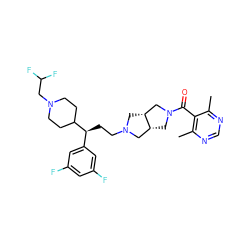 Cc1ncnc(C)c1C(=O)N1C[C@@H]2CN(CC[C@@H](c3cc(F)cc(F)c3)C3CCN(CC(F)F)CC3)C[C@@H]2C1 ZINC000064526359