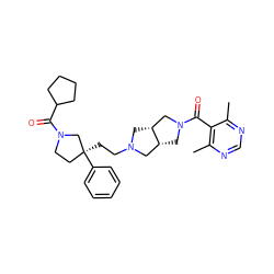 Cc1ncnc(C)c1C(=O)N1C[C@@H]2CN(CC[C@]3(c4ccccc4)CCN(C(=O)C4CCCC4)C3)C[C@@H]2C1 ZINC000045364242