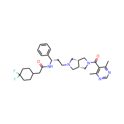 Cc1ncnc(C)c1C(=O)N1C[C@@H]2CN(CC[C@H](NC(=O)CC3CCC(F)(F)CC3)c3ccccc3)C[C@@H]2C1 ZINC000049785013