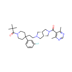 Cc1ncnc(C)c1C(=O)N1C[C@@H]2CN(CCC3(c4cccc(F)c4)CCN(C(=O)C(C)(C)C)CC3)C[C@@H]2C1 ZINC000049761877