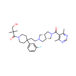 Cc1ncnc(C)c1C(=O)N1C[C@@H]2CN(CCC3(c4cccc(F)c4)CCN(C(=O)C(C)(C)CO)CC3)C[C@@H]2C1 ZINC000049762391