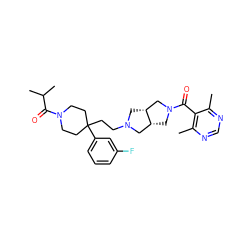 Cc1ncnc(C)c1C(=O)N1C[C@@H]2CN(CCC3(c4cccc(F)c4)CCN(C(=O)C(C)C)CC3)C[C@@H]2C1 ZINC000045364216