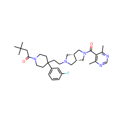 Cc1ncnc(C)c1C(=O)N1C[C@@H]2CN(CCC3(c4cccc(F)c4)CCN(C(=O)CC(C)(C)C)CC3)C[C@@H]2C1 ZINC000049762271