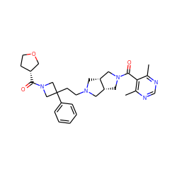 Cc1ncnc(C)c1C(=O)N1C[C@@H]2CN(CCC3(c4ccccc4)CN(C(=O)[C@@H]4CCOC4)C3)C[C@@H]2C1 ZINC000045387494