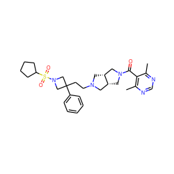 Cc1ncnc(C)c1C(=O)N1C[C@@H]2CN(CCC3(c4ccccc4)CN(S(=O)(=O)C4CCCC4)C3)C[C@@H]2C1 ZINC000049756838