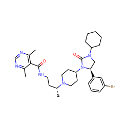 Cc1ncnc(C)c1C(=O)NCC[C@@H](C)N1CCC(N2C(=O)N(C3CCCCC3)C[C@H]2c2cccc(Br)c2)CC1 ZINC000096285337