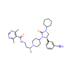 Cc1ncnc(C)c1C(=O)NCC[C@@H](C)N1CCC(N2C(=O)N(C3CCCCC3)C[C@H]2c2cccc(C#N)c2)CC1 ZINC000096285462