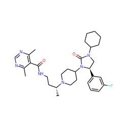 Cc1ncnc(C)c1C(=O)NCC[C@@H](C)N1CCC(N2C(=O)N(C3CCCCC3)C[C@H]2c2cccc(F)c2)CC1 ZINC000096285458