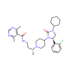 Cc1ncnc(C)c1C(=O)NCC[C@@H](C)N1CCC(N2C(=O)N(C3CCCCC3)C[C@H]2c2ccccc2Cl)CC1 ZINC000096285409